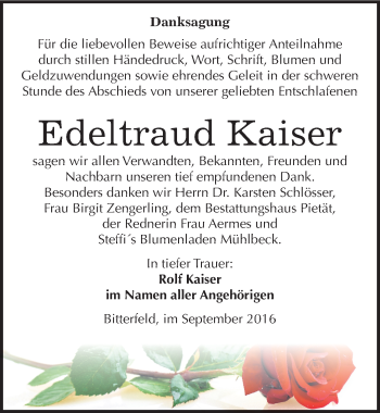 Traueranzeige von Edeltraud Kaiser von Mitteldeutsche Zeitung Bitterfeld