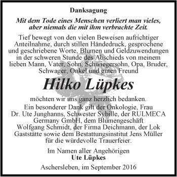 Traueranzeige von Hilko Lüpkes von Super Sonntag Aschersleben