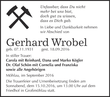 Traueranzeige von Gerhard Wrobel von WVG - Wochenspiegel Wittenberg