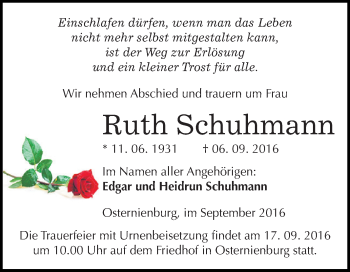 Traueranzeige von Ruth Schuhmann von WVG - Wochenspiegel Dessau / Köthen