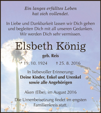 Traueranzeige von Elsbeth König von WVG - Wochenspiegel Dessau / Köthen
