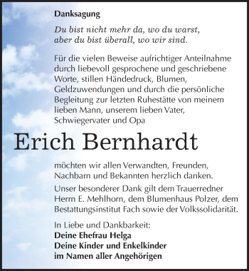 Traueranzeige von Erich Bernhardt von Mitteldeutsche Zeitung Merseburg/Querfurt
