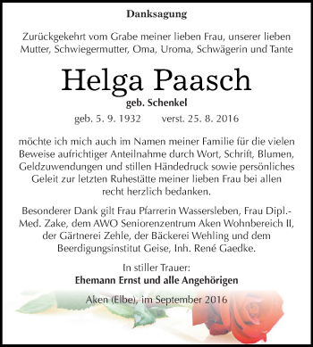 Traueranzeige von Helga Paasch von WVG - Wochenspiegel Dessau / Köthen