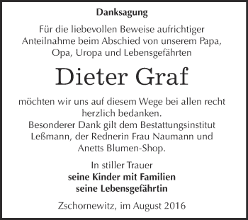 Traueranzeige von Dieter Graf von WVG - Wochenspiegel Wittenberg