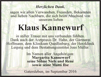 Traueranzeige von Klaus Kannewurf von Mitteldeutsche Zeitung Aschersleben