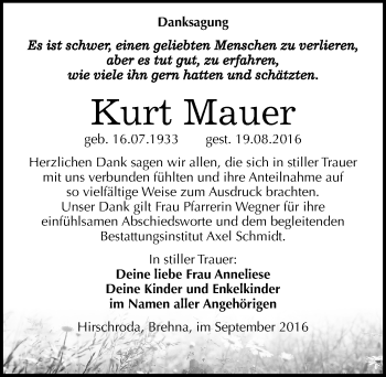 Traueranzeige von Kurt Mauer von Mitteldeutsche Zeitung Naumburg/Nebra
