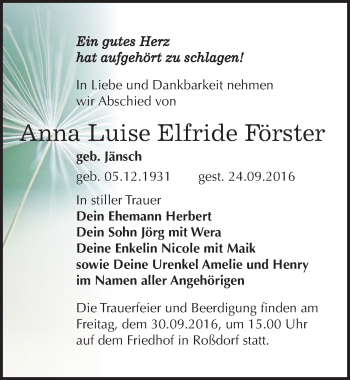 Traueranzeige von Anna Luise Elfride Förster von Mitteldeutsche Zeitung Bitterfeld