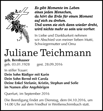 Traueranzeige von Juliane Teichmann von Mitteldeutsche Zeitung Merseburg/Querfurt