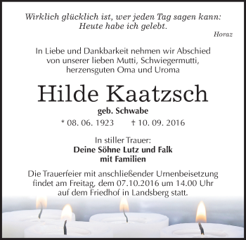 Traueranzeige von Hilde Kaatzsch von Mitteldeutsche Zeitung Halle/Saalkreis