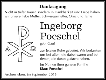 Traueranzeige von Ingeborg Poeschel von Mitteldeutsche Zeitung Aschersleben