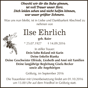 Traueranzeige von Ilse Ehrlich von WVG - Wochenspiegel Dessau / Köthen