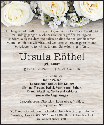Traueranzeige von Ursula Röthel von Mitteldeutsche Zeitung Sangerhausen