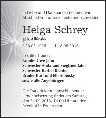 Traueranzeige von Helga Schrey von WVG - Wochenspiegel Bitterfeld