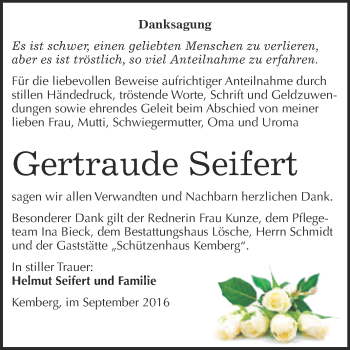 Traueranzeige von Gertraude Seifert von WVG - Wochenspiegel Wittenberg