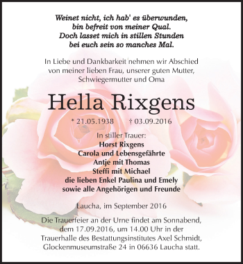 Traueranzeige von Hella Rixgens von Mitteldeutsche Zeitung Naumburg/Nebra