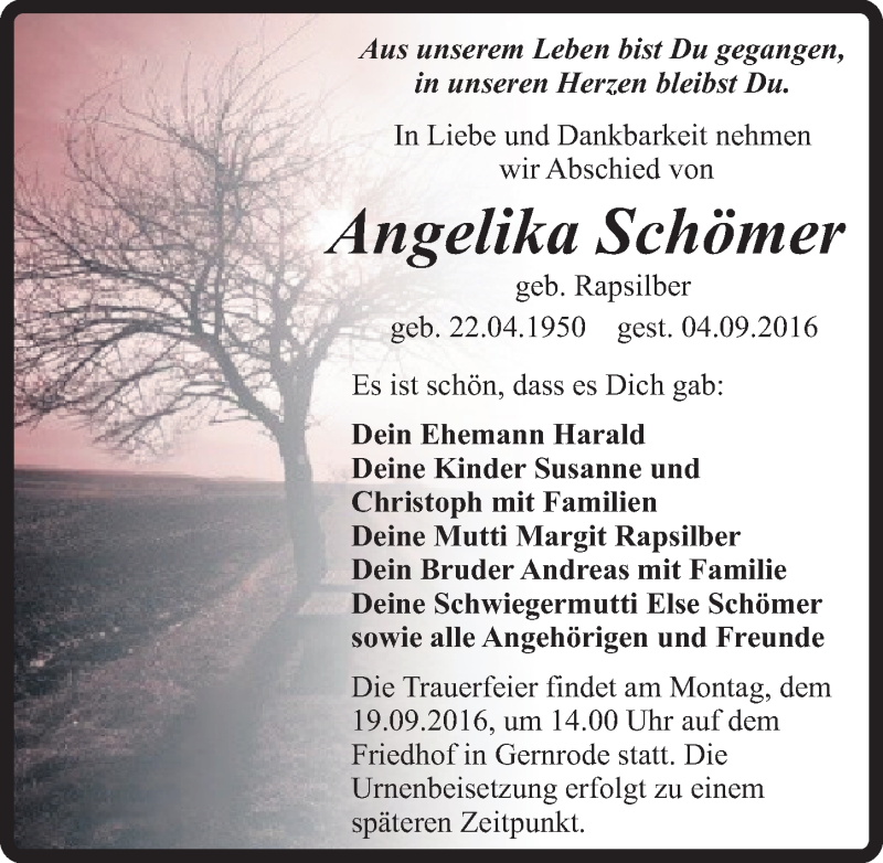  Traueranzeige für Angelika Schömer vom 10.09.2016 aus Mitteldeutsche Zeitung Quedlinburg