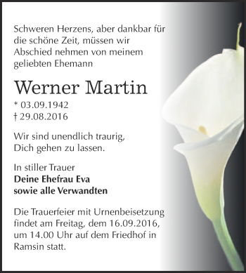Traueranzeige von Werner Martin von WVG - Wochenspiegel Bitterfeld