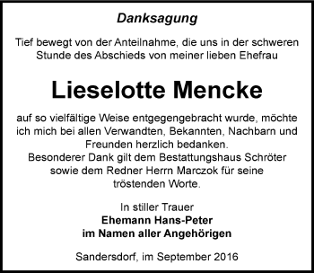 Traueranzeige von Lieselotte Mencke von Mitteldeutsche Zeitung Bitterfeld