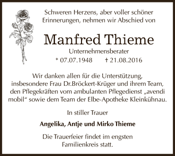 Traueranzeige von Manfred Thieme von WVG - Wochenspiegel Dessau / Köthen