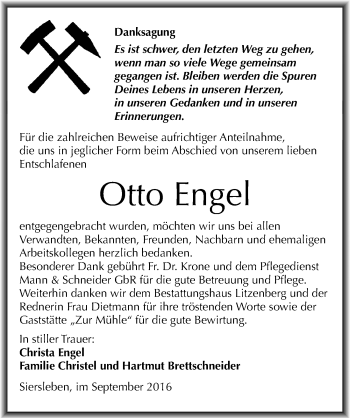 Traueranzeige von Otto Engel von Mitteldeutsche Zeitung Mansfelder Land