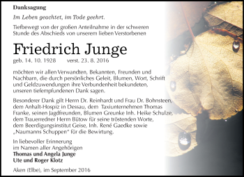 Traueranzeige von Friedrich Junge von WVG - Wochenspiegel Dessau / Köthen