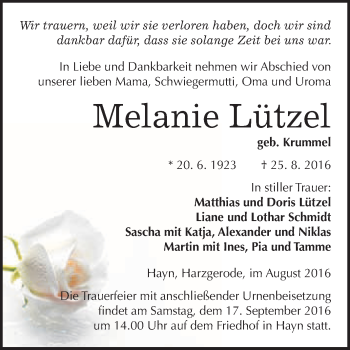 Traueranzeige von Melanie Lützel von WVG - Wochenspiegel Quedlinburg
