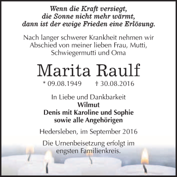 Traueranzeige von Marita Raulf von WVG - Wochenspiegel Quedlinburg