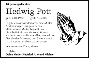 Traueranzeige von Hedwig Pott von Mitteldeutsche Zeitung Köthen