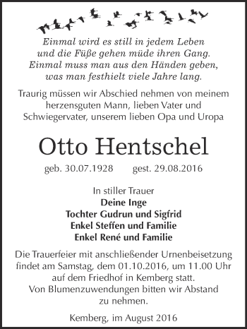 Traueranzeige von Otto Hentschel von WVG - Wochenspiegel Wittenberg