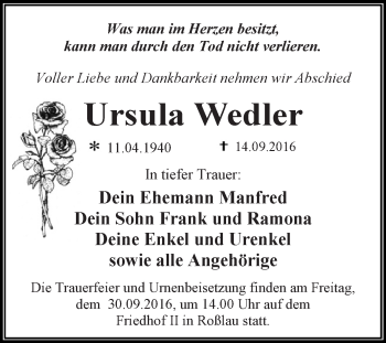 Traueranzeige von Ursula Wedler von WVG - Wochenspiegel Dessau / Köthen
