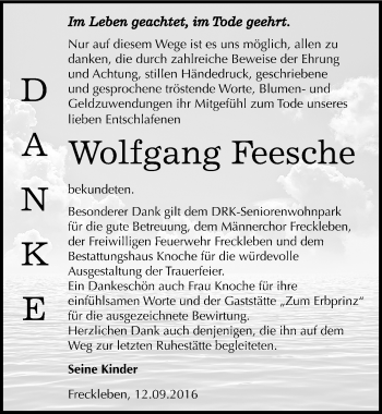 Traueranzeige von Wolfgang Feesche von Mitteldeutsche Zeitung Aschersleben