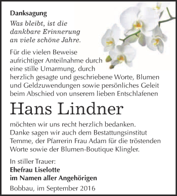Traueranzeige von Hans Lindner von WVG - Wochenspiegel Bitterfeld