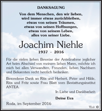 Traueranzeige von Joachim Niehle von Mitteldeutsche Zeitung Zeitz