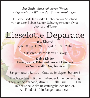 Traueranzeige von Lieselotte Deparade von Mitteldeutsche Zeitung Sangerhausen