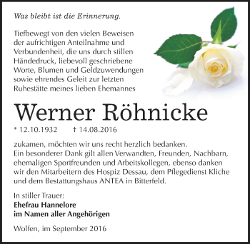 Traueranzeige von Werner Röhnicke von Mitteldeutsche Zeitung Bitterfeld