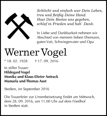 Traueranzeige von Werner Vogel von Mitteldeutsche Zeitung Mansfelder Land
