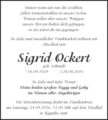 Traueranzeige von Sigrid Ockert von WVG - Wochenspiegel Bitterfeld