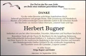 Traueranzeige von Herbert Bugner von WVG - Wochenspiegel Dessau / Köthen