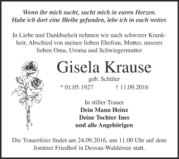 Traueranzeige von Gisela Krause von WVG - Wochenspiegel Dessau / Köthen