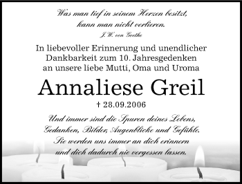 Traueranzeige von Annaliese Greil von Mitteldeutsche Zeitung Quedlinburg