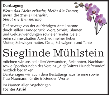 Traueranzeige von Sieglinde Mühlstein von Mitteldeutsche Zeitung Bitterfeld