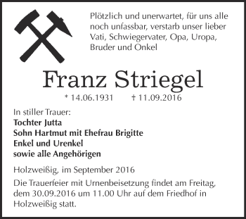 Traueranzeige von Franz Striegel von WVG - Wochenspiegel Bitterfeld