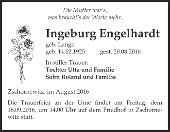 Traueranzeige von Ingeburg Engelhardt von WVG - Wochenspiegel Wittenberg
