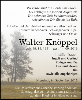 Traueranzeige von Walter Knöppel von Super Sonntag SGH Mansf. Land