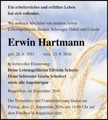 Traueranzeige von Erwin Hartmann von WVG - Wochenspiegel Dessau / Köthen