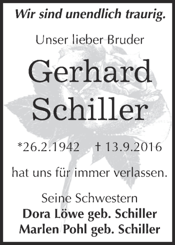 Traueranzeige von Gerhard Schiller von WVG - Wochenspiegel Dessau / Köthen