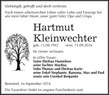 Traueranzeige von Hartmut Kleinwechter von Mitteldeutsche Zeitung Mansfelder Land