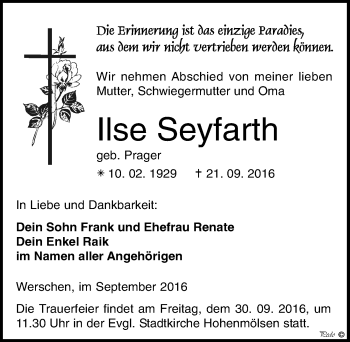 Traueranzeige von Ilse Seyfarth von Mitteldeutsche Zeitung Weißenfels