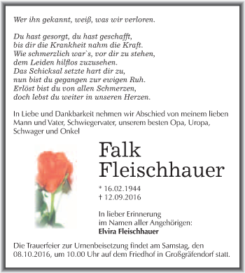 Traueranzeige von Falk Fleischhauer von WVG - Wochenspiegel Merseburg