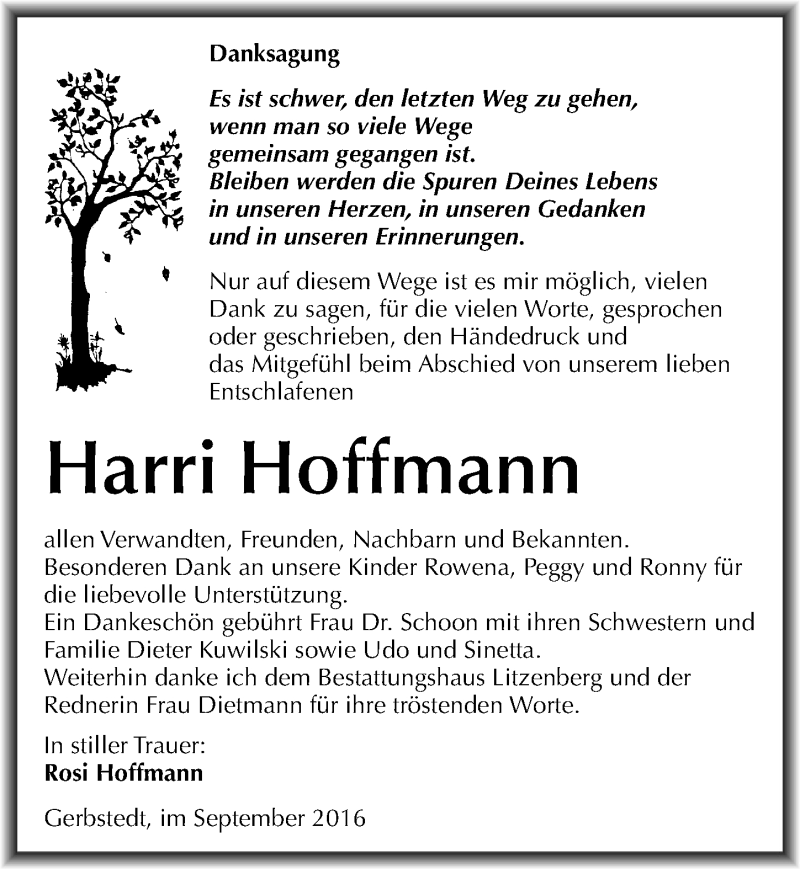  Traueranzeige für Harri Hoffmann vom 23.09.2016 aus Mitteldeutsche Zeitung Mansfelder Land